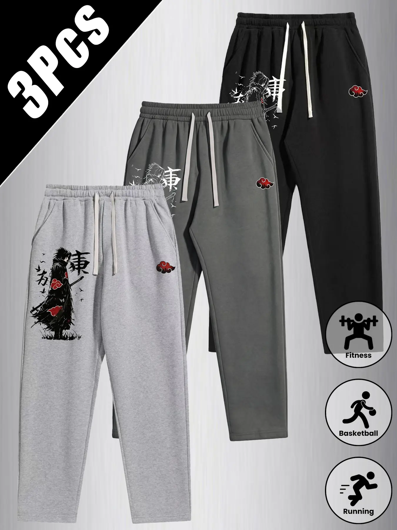 Level up your gym fit with anime vibe! Akatsuki Naruto print black baggy sweatpants, oversized joggers for leg day, basketball and outdoor running, relaxed soft activewear, move freely in training and post-workout hangouts Athleisure Style Pants