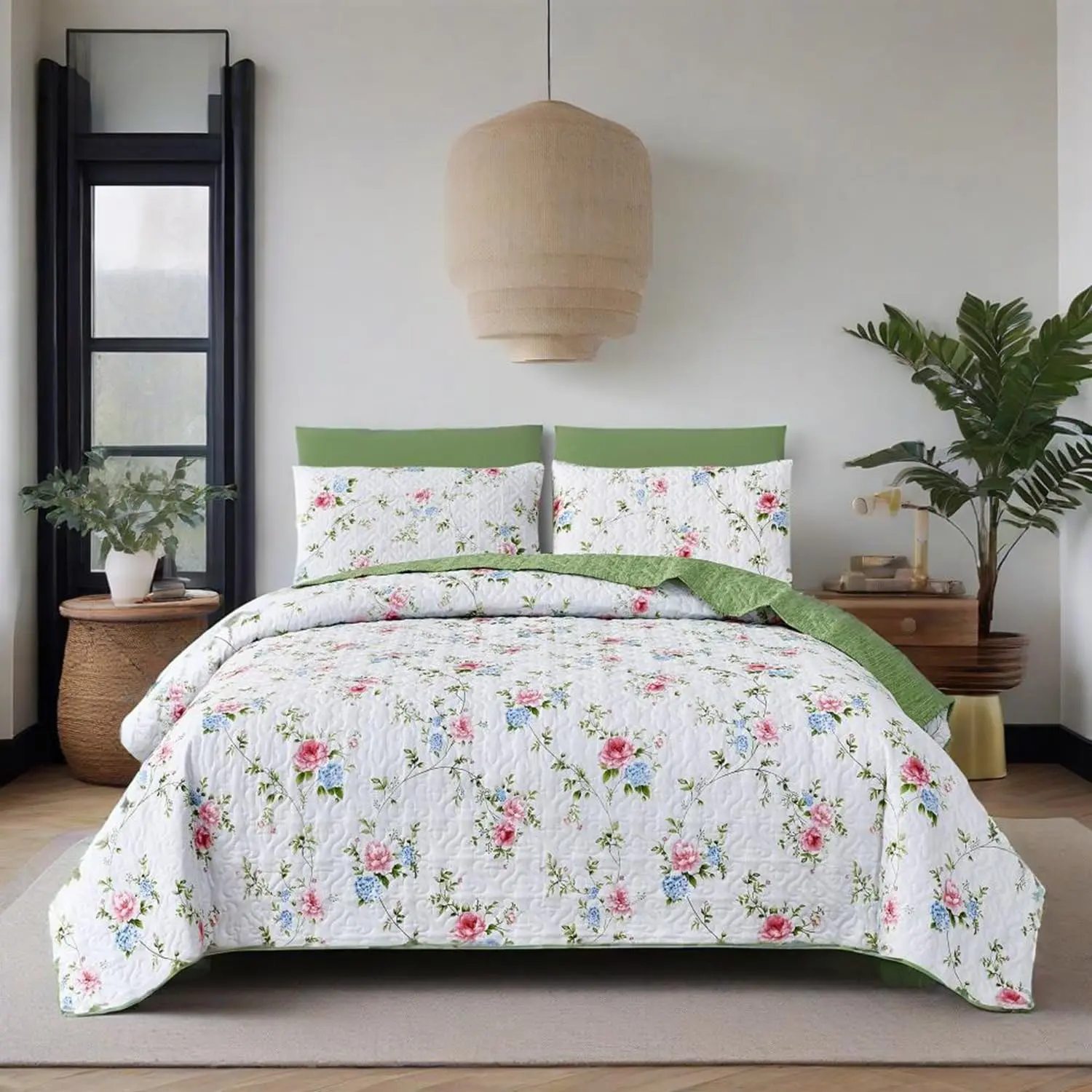 Floral Bedspread Set King Size, Vintage Fashion Bed Cover, Soft Lightweight Cotton, Three-Piece Bedroom Linen with Two Pillowcases