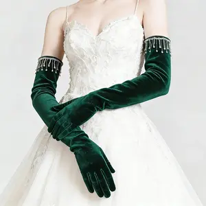 Ladies Velvet Rhinestone Gloves Premium Luxury Elegant Cocktail Sleeves Wedding Bridal Prom Party Long Warm Gloves