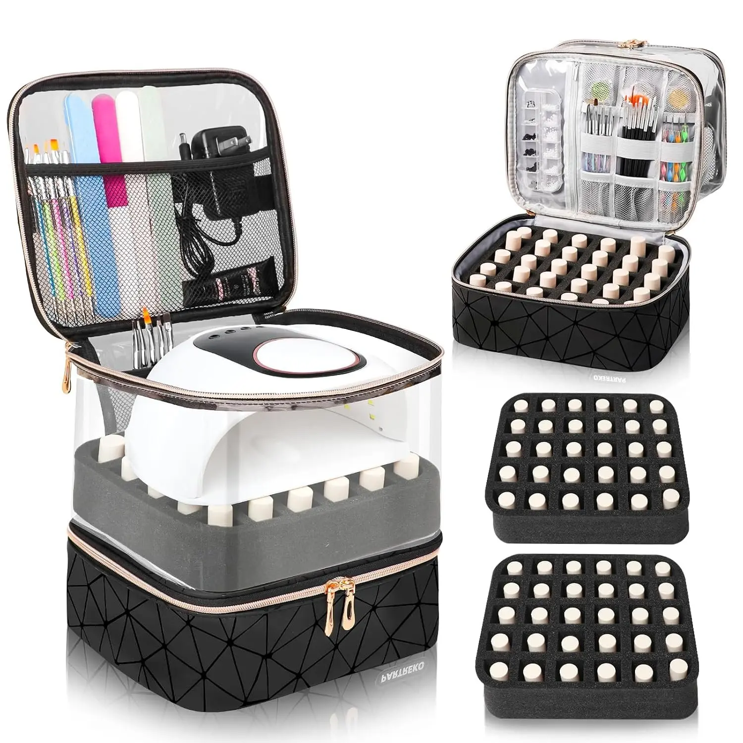 Clear  Polish Organizer Holds 60 Bottles (15ml/0.5fl.oz)&  Lamp, Double Layer  Supplies Organizer Case Transparent, PU Leather  kit Storage Bag for Manicure Tools (Black)