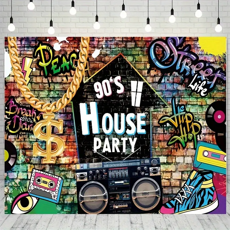 90s Retro Hip-Hop Street Graffiti Large Indoor Polyester Musical Letter Banner - Unisex Festive Party Backdrop, Photography Prop with "Peak", "Party" Text, DJ Setup, Tape, Neon Lights for Retro Look Fans