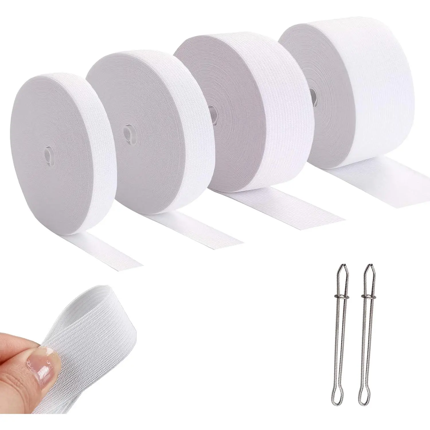 4 Rolls White High Elastic Sewing Elastic Bands, 1mm Thickness, Multiple Widths Optional, 5.5 Yards per Roll, Comes with 2 Sewing Clips for Waistband Dresses Swimwear DIY Crafts