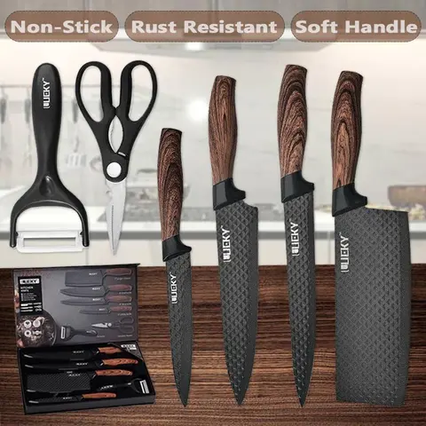 Professional 6-Piece Stainless Steel Knives Kitchen Set - 8" Sharp Wood-Handled Chop & Press/Fillet Wide Slice Knives, Non-Stick Blades, Ergonomic Dishwasher-Safe Kitchenware, Durable, Gift Box Included for Hotel/Restaurant Use, Ideal Gifts for Home Cooks