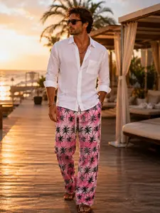 Men's Tropical Palm Tree Print Beach Pants, Casual Loose Tie Waist Vacation Pants, Lightweight Wide Leg Leisure Long Pants, Summer Holiday Wear