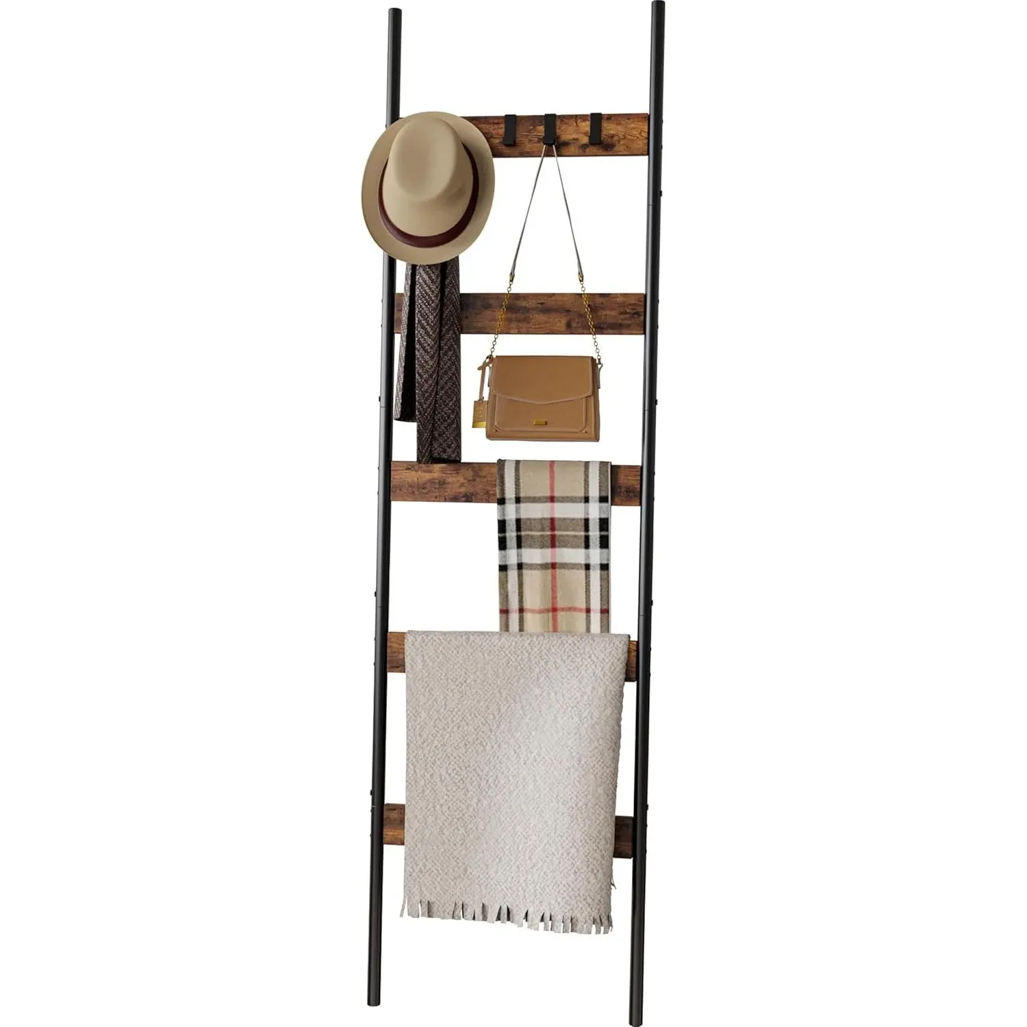 5-Tier Wooden Blanket Ladder, Farmhouse Wall Leaning Decorative Rack with 4 Removable Hooks, Rustic Brown Towel Quilt Display Shelf for Living Room, Bedroom