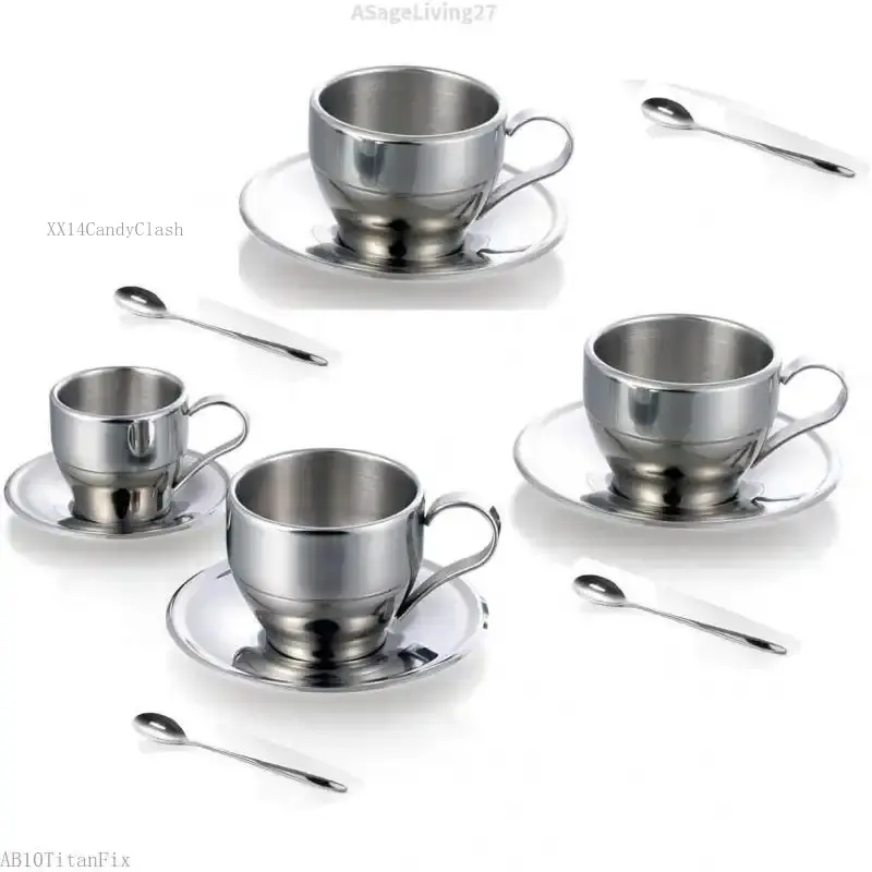 Stainless Steel Coffee Cup Coffee Mugs Espresso Cups and  Cappuccino Cups with Spoon and Saucer  Idea for Coffee and  Lovers (4)ASageLiving27AB10TitanFixXX14CandyClash