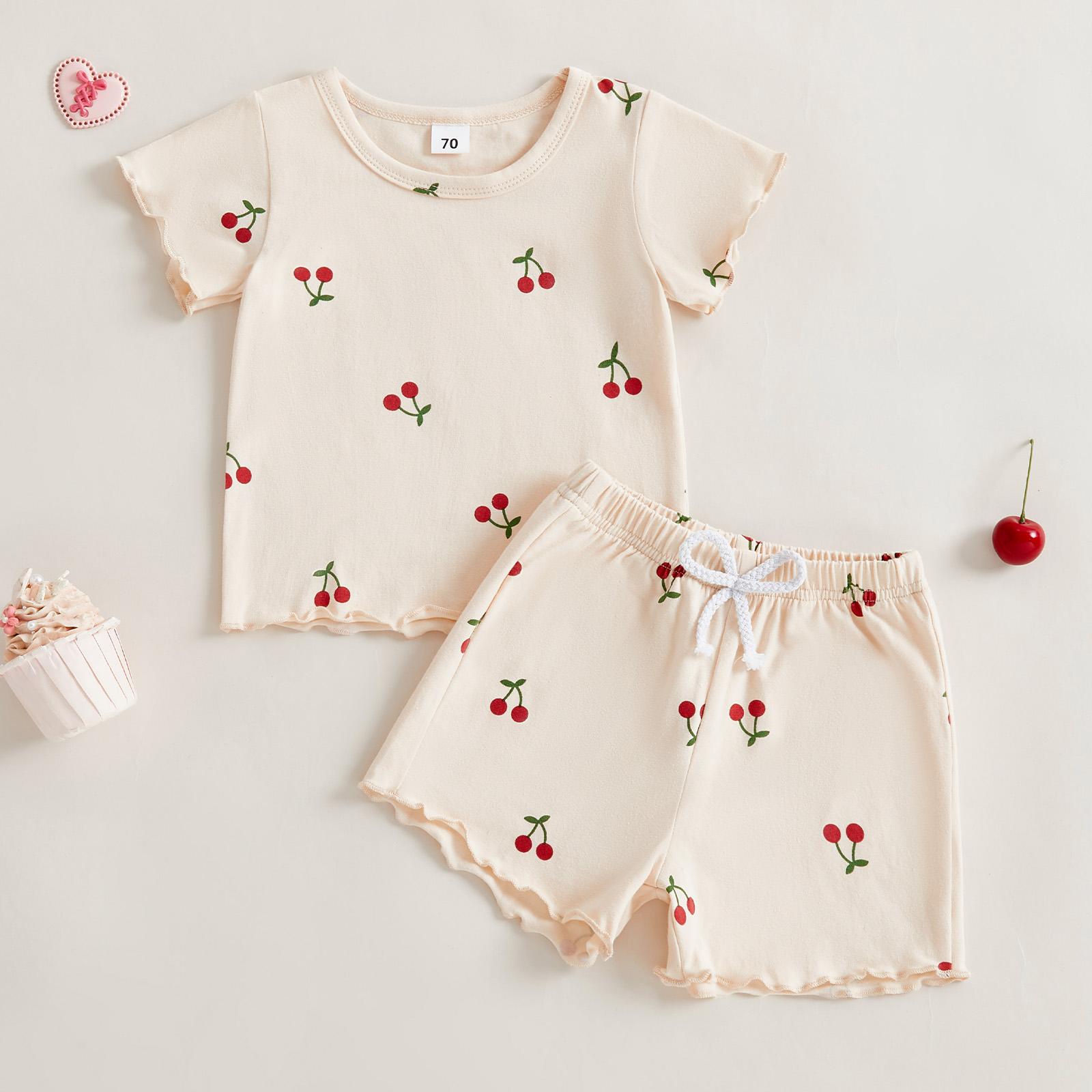 Toddler Baby Girl Summer Outfits Short Sleeve Cherry Print Tops + Shorts 2Pcs Clothes Set Little Girls Summer Clothes