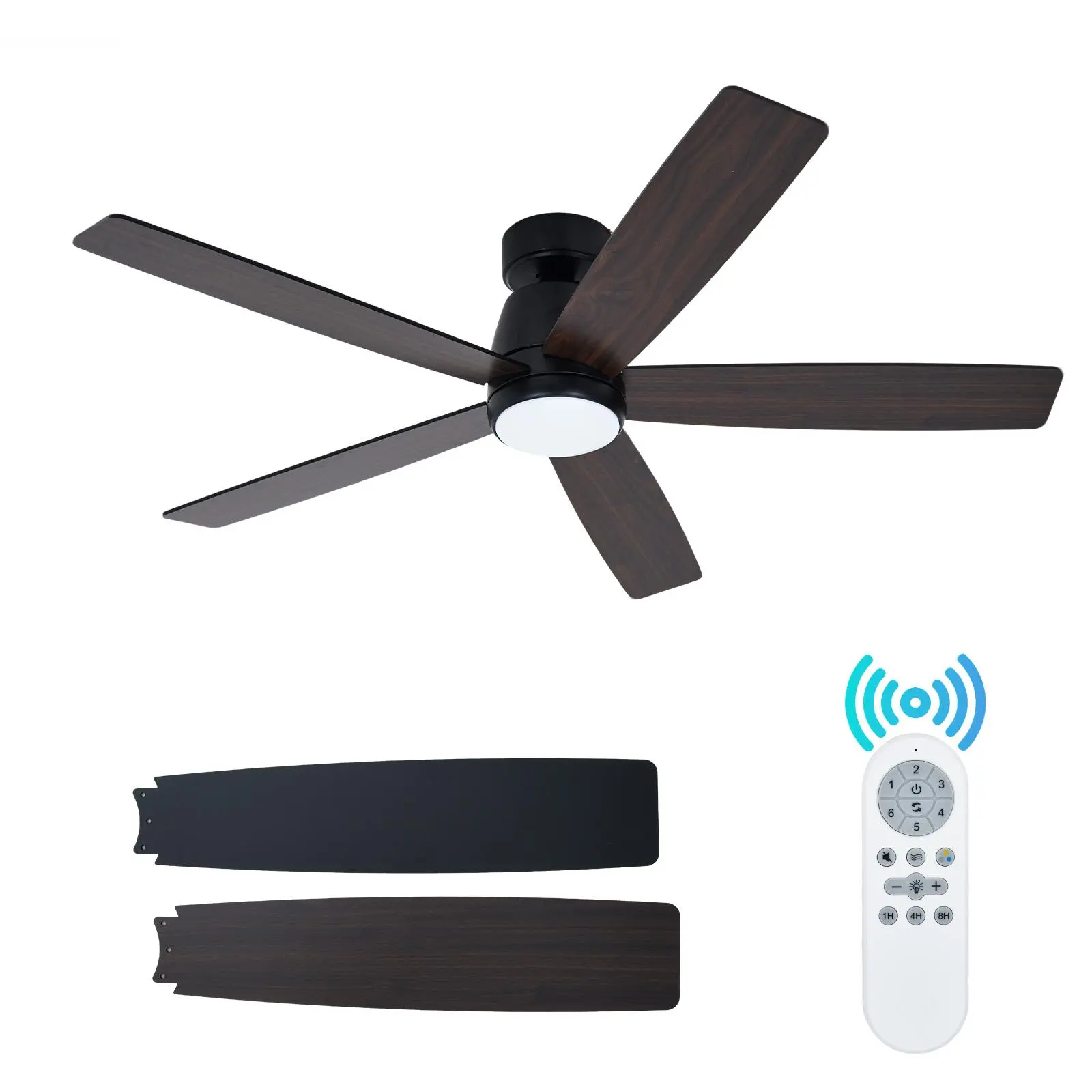 52 in Modern Flush Mount Ceiling Fan with LED Lights and Remote Control, Quiet Reversible DC Motor, 6 Speeds, Dimmable 3-Color Temperature, Energy Efficient Matte Black for Bedroom, Living Room
