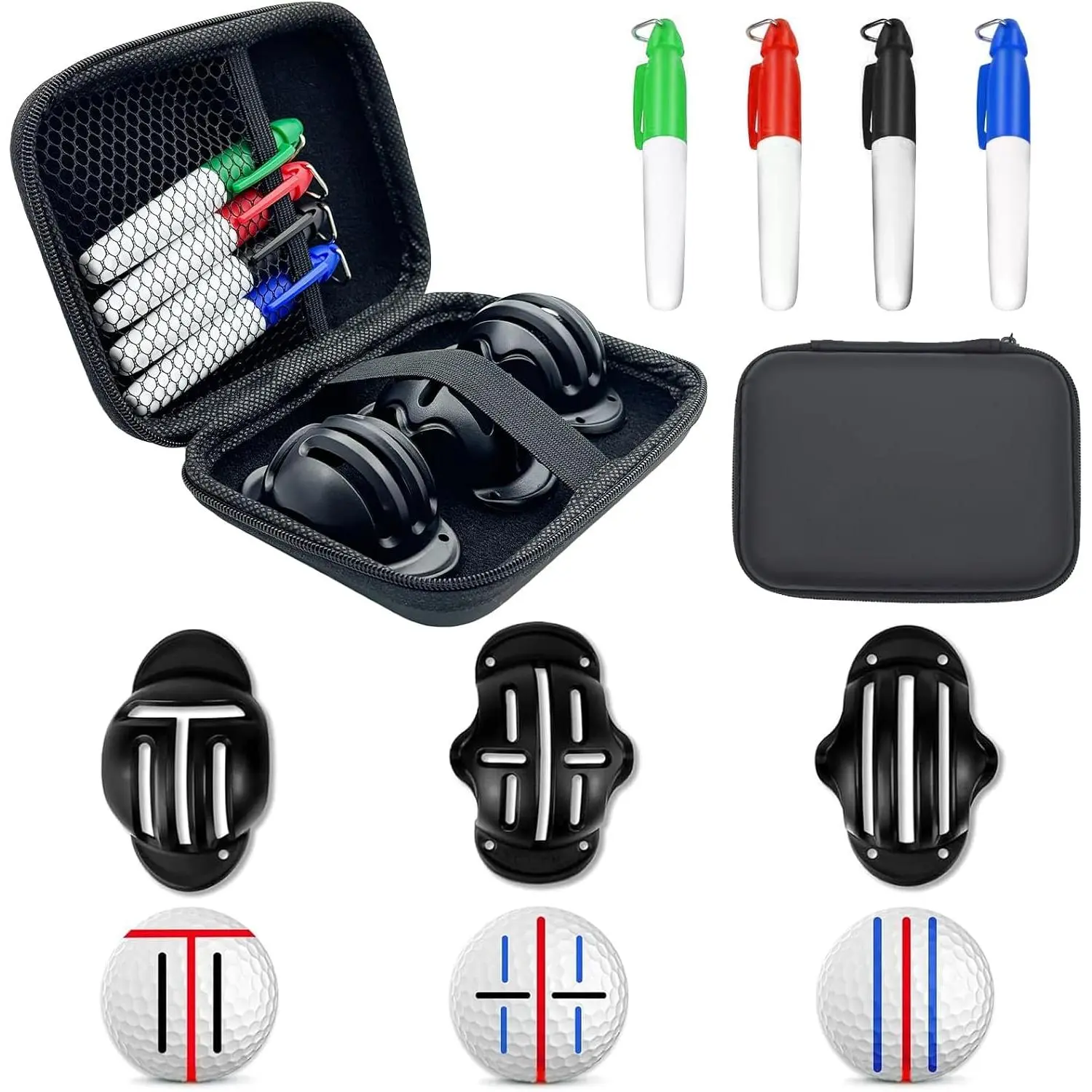 Golf Ball Marker Set with Carry Case, 3 Golf Ball Marking Stencils and 4 Color Permanent Marker, Golf Ball Marker Liner Marker, Golf Ball Alignment Marking Tool