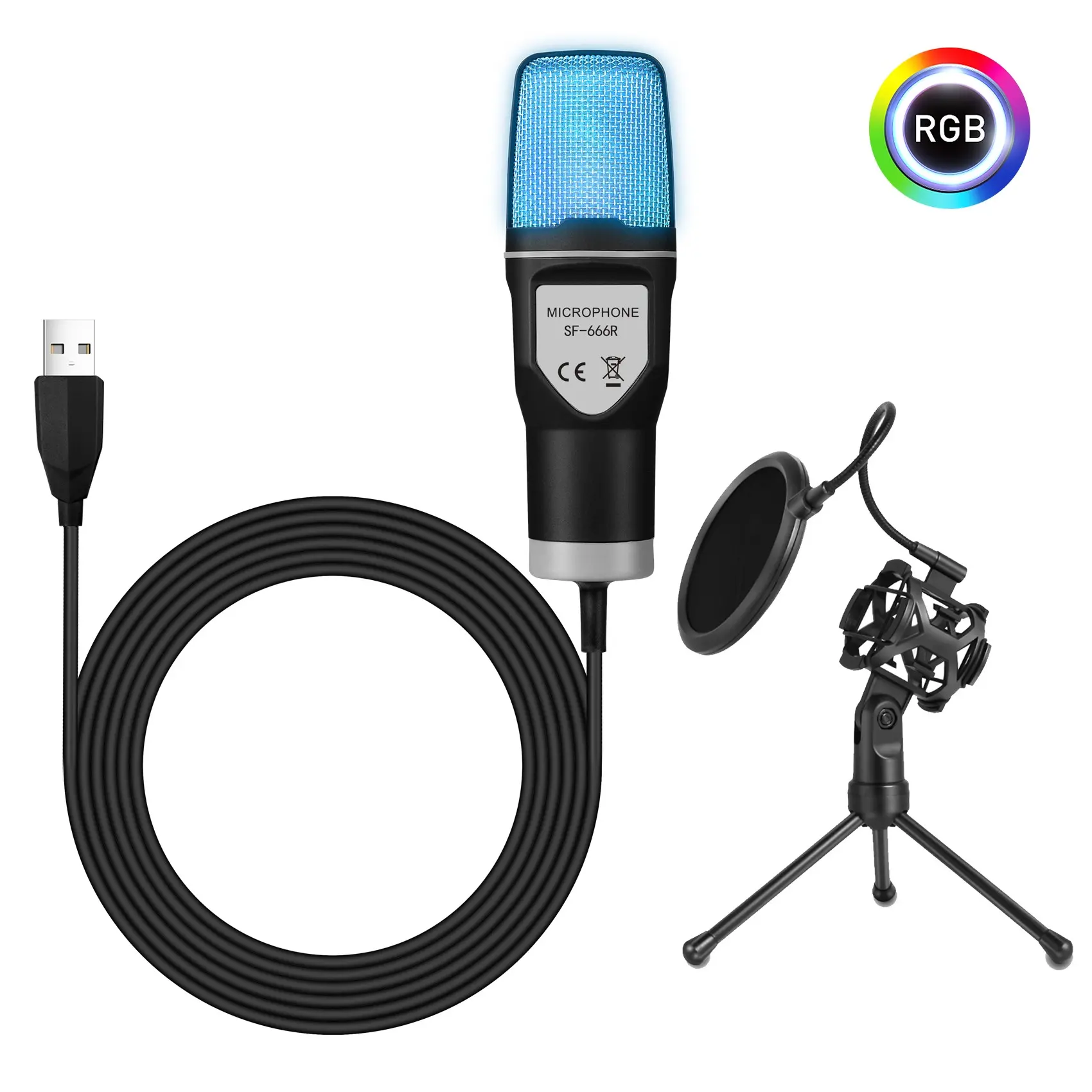 Condenser Professional Microphone Mic For PC Laptop Computer Mobile Gaming USB Wired Live Streaming Podcast Studio Mike Kit Gamer Accessory Holder Karaoke luminous colorful RGB light Video game chat tripod with shock mount