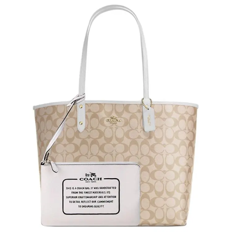 COACH Reversible City 33 Tote Bag for Women – Coated Canvas, Classic Monogram Style, White and Khaki