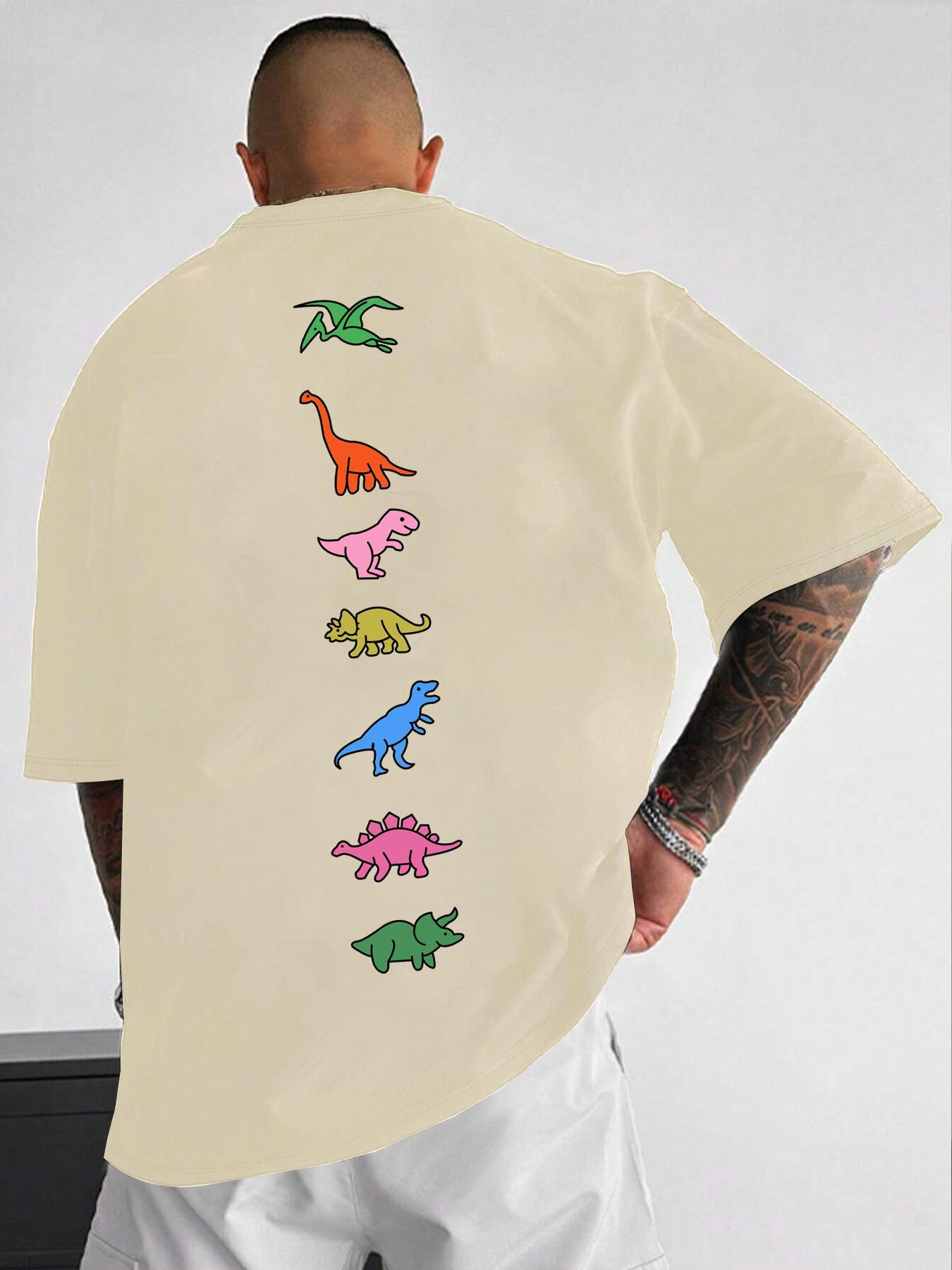 Unisex Men's Dinosaur Print Drop Shoulder Tee, Street Fashion Casual Short Sleeve Round Neck T-Shirt for Daily Wear, Men's Clothes for Summer