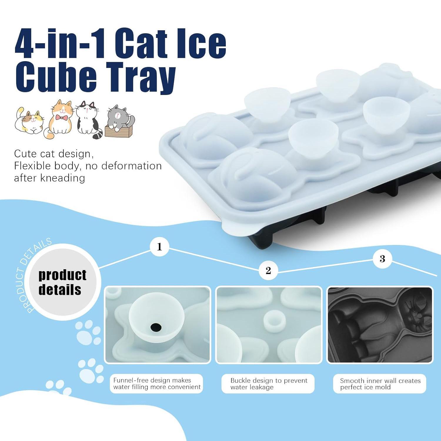 3D Cat Shaped Ice Cube Mold, 4 Hole Large Fun Shape Ice Cube Tray, Ice Molds for Cocktails, Bourbon, Brandy, Cocktail Whiskey Bourbon, Funny Cat Gifts for Cat Lovers