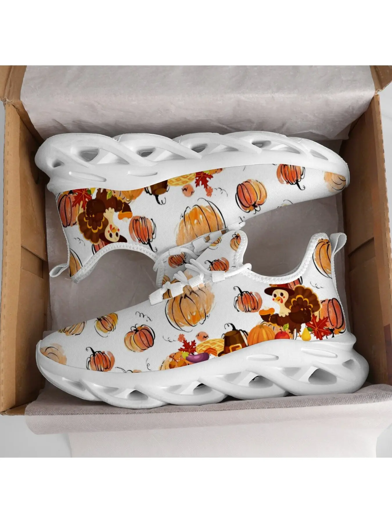 Thanksgiving Turkey Pumpkin Watercolor Print Running Sneakers Man Woman, Lightweight Hollow Sole Lace Up Casual Walking Shoes Autumn Holiday Footwear