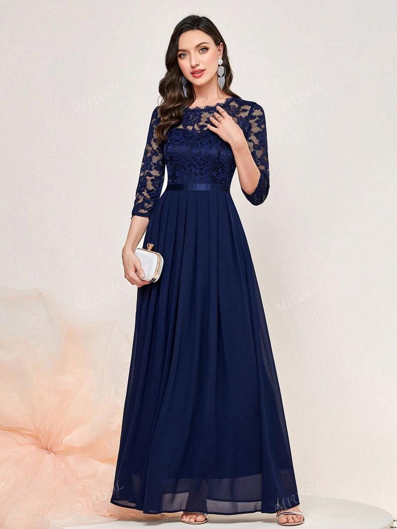 Formal Hem Pleated Elegant MIUSOL Floral Lace Chiffon Party Dress