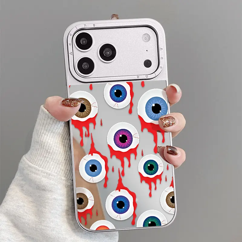 Heavy Duty Silicone Shell Phone Case for iPhone 17,16,15,14,13,12 Pro Max Plus - Durable Sturdy Accessories, Bloody Eyeball Tapestry Pattern, Luxury Silver Reflective Mirror, 2-in-1 Electroplated Glossy Back, Shockproof Anti-Drop Full Protection, Non-Slip
