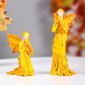 2 Piece Autumn Maple Leaf Angel Statue Set, Resin Prayer Statues, Desktop Fall Thanksgiving Home Decor, Shelf, Fireplace Mantel, Harvest Festival Ornament