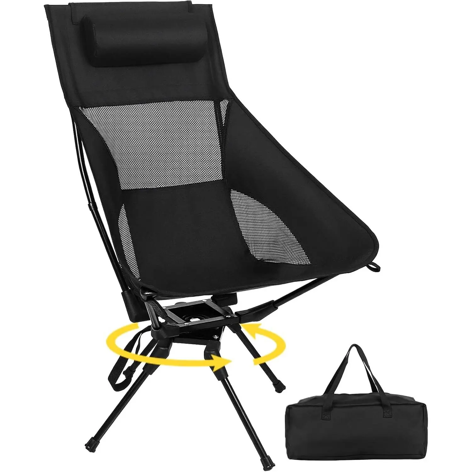 Swivel Portable Camping Chair, High Back Folding Chair with Detachable Pillow, Compact Lightweight Backpacking Chair for Outdoor, Travel, Beach, Hiking, Support 330 LBS, 1 Pack Black