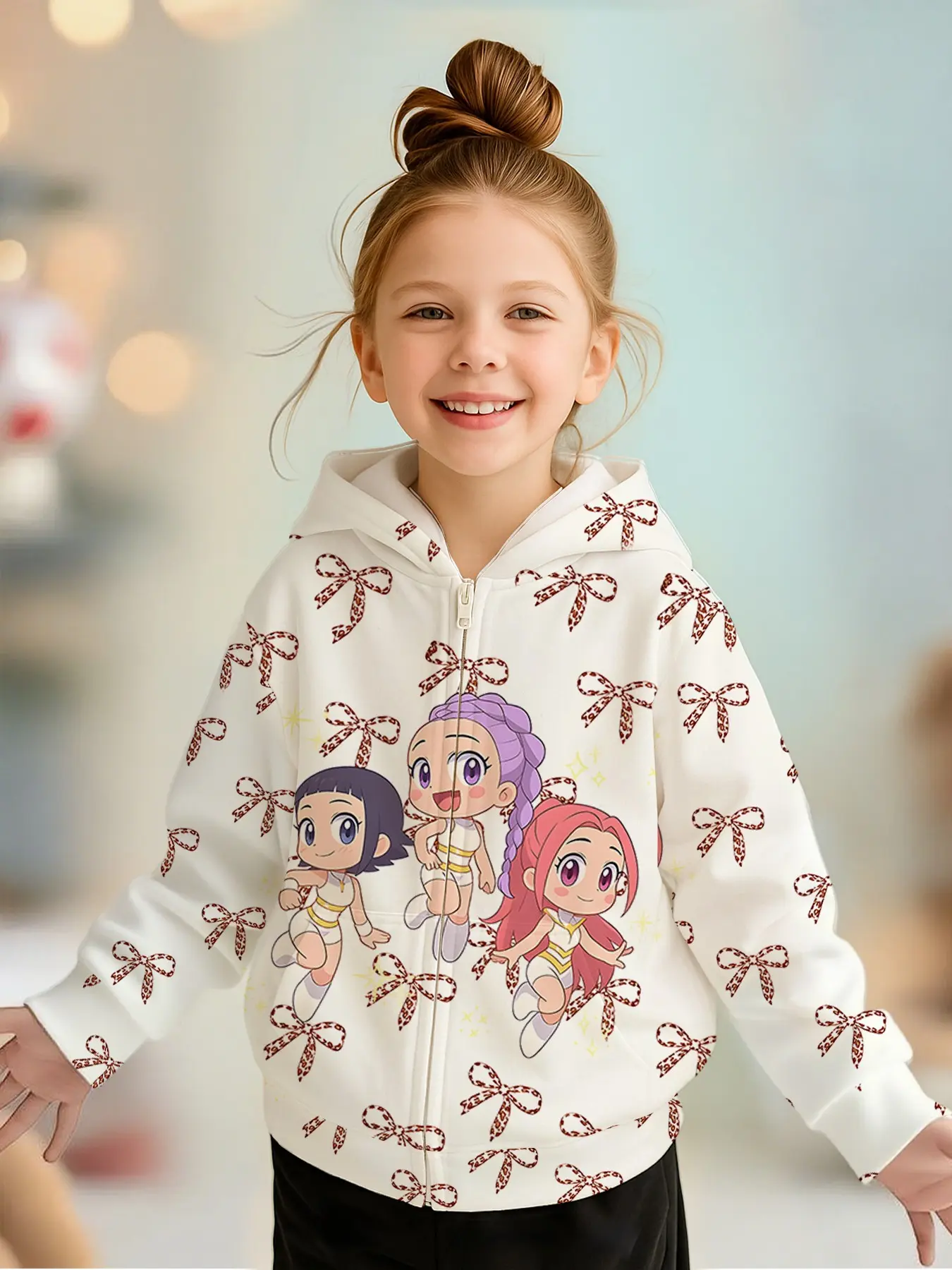 Girls' Spring & Fall Zipper Hoodie Jacket, Bow Cartoon Print, Long Sleeve Loose Fit, Perfect for Christmas Gifts, Zip Up Jacket