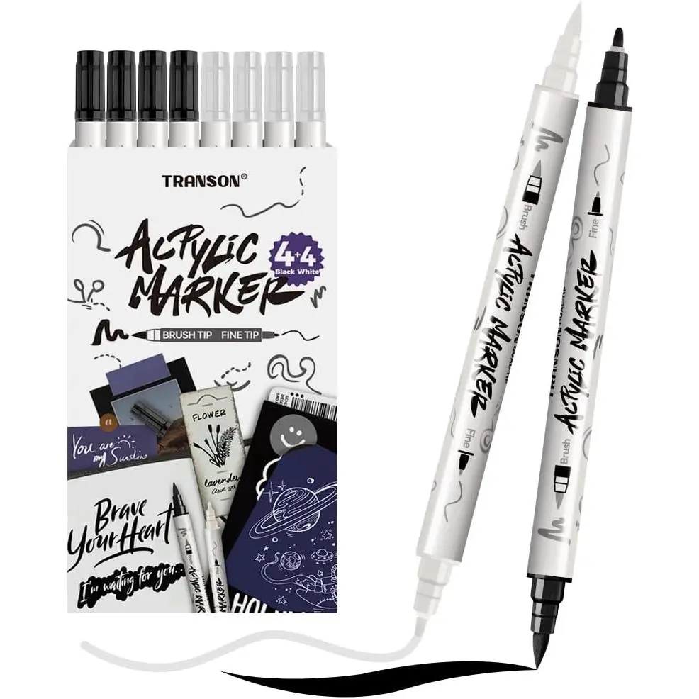 4 Black and 4 White  Markers Brush and Fine -tip   Marker Set for Rock Painting Glass Canvas  Leather Ceramic Painting