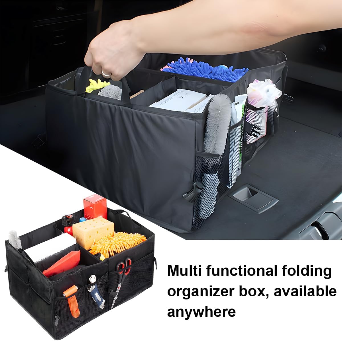 Trunk Organizer, Collapsible Multi Compartment  Storage Box,  Adjustable Automotive Organization Container Accessories, Universal for SUV, Sedan,  (Black)