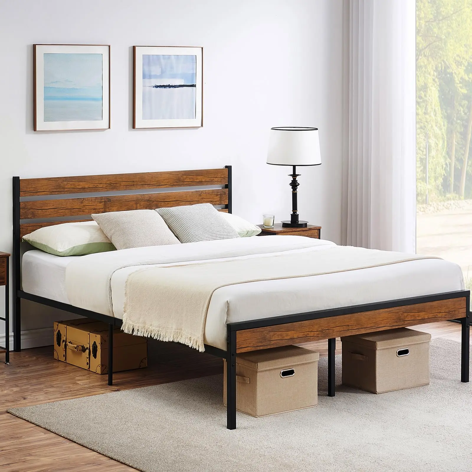 Bed Frame with Headboard,Metal Platform Farmhouse Bed Frame Metal Slat,Sturdy Heavy Duty Bed Frame,No Box Spring Needed,Easy Assembly,Under Bed Storage