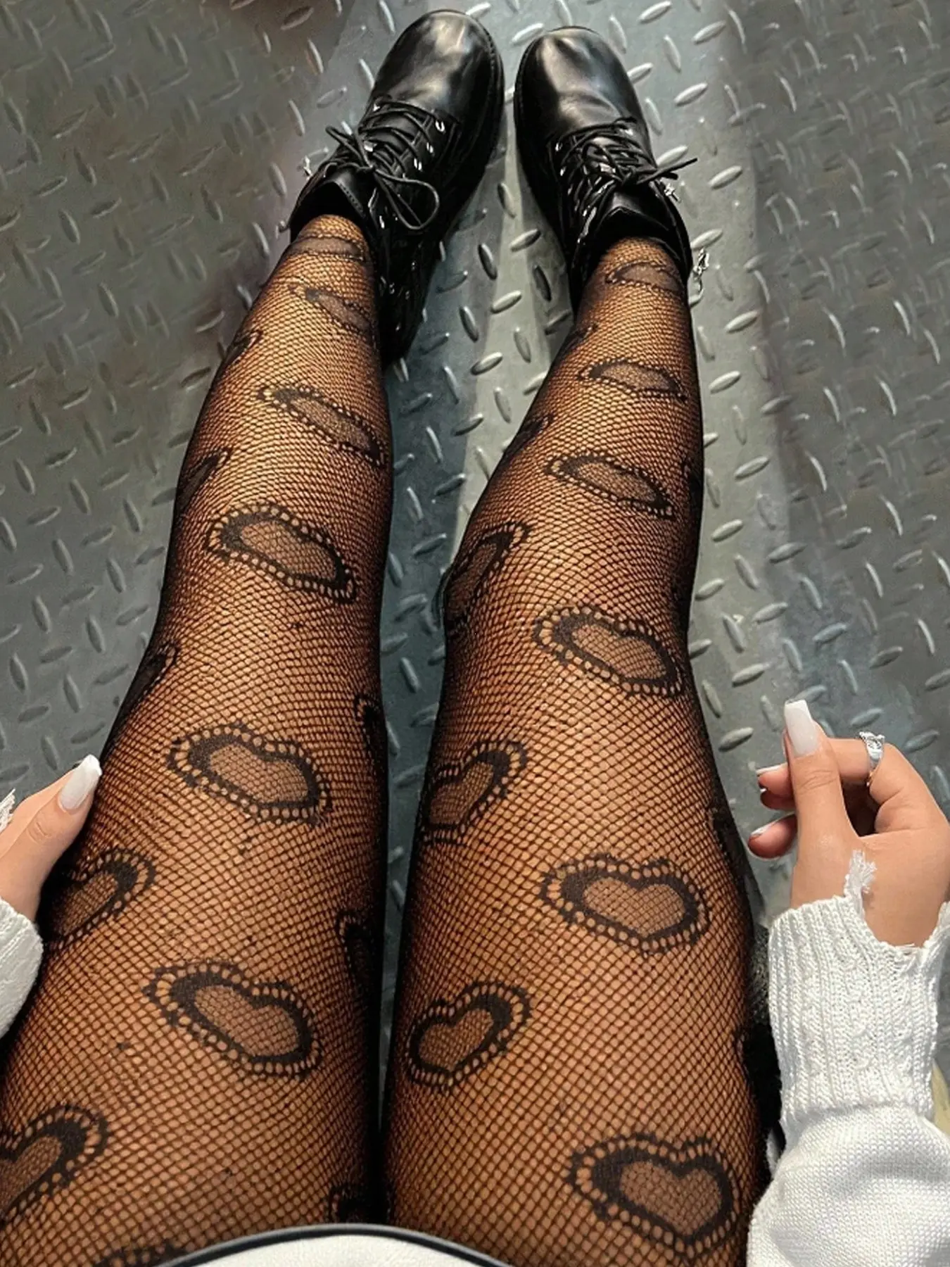 Heart Pattern Transparent Stockings, Thin High Waist Slim-Fit, Gothic Lace Mesh, Full-Length Jk Style, Party Wear