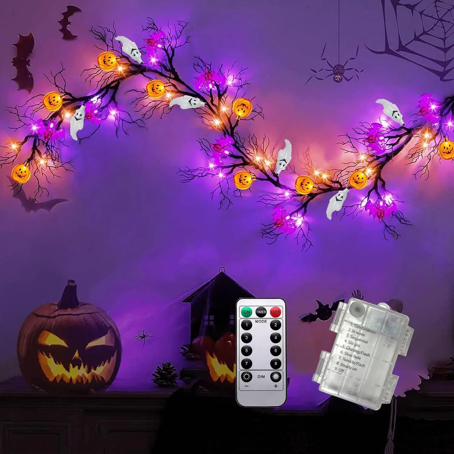 Halloween Garland with Lights Halloween Decorations Indoor with Timer 6.3Ft 54 LED Bat  Pumpkin  Operated Garland with Lights for Mantle Table Wall Decorations
