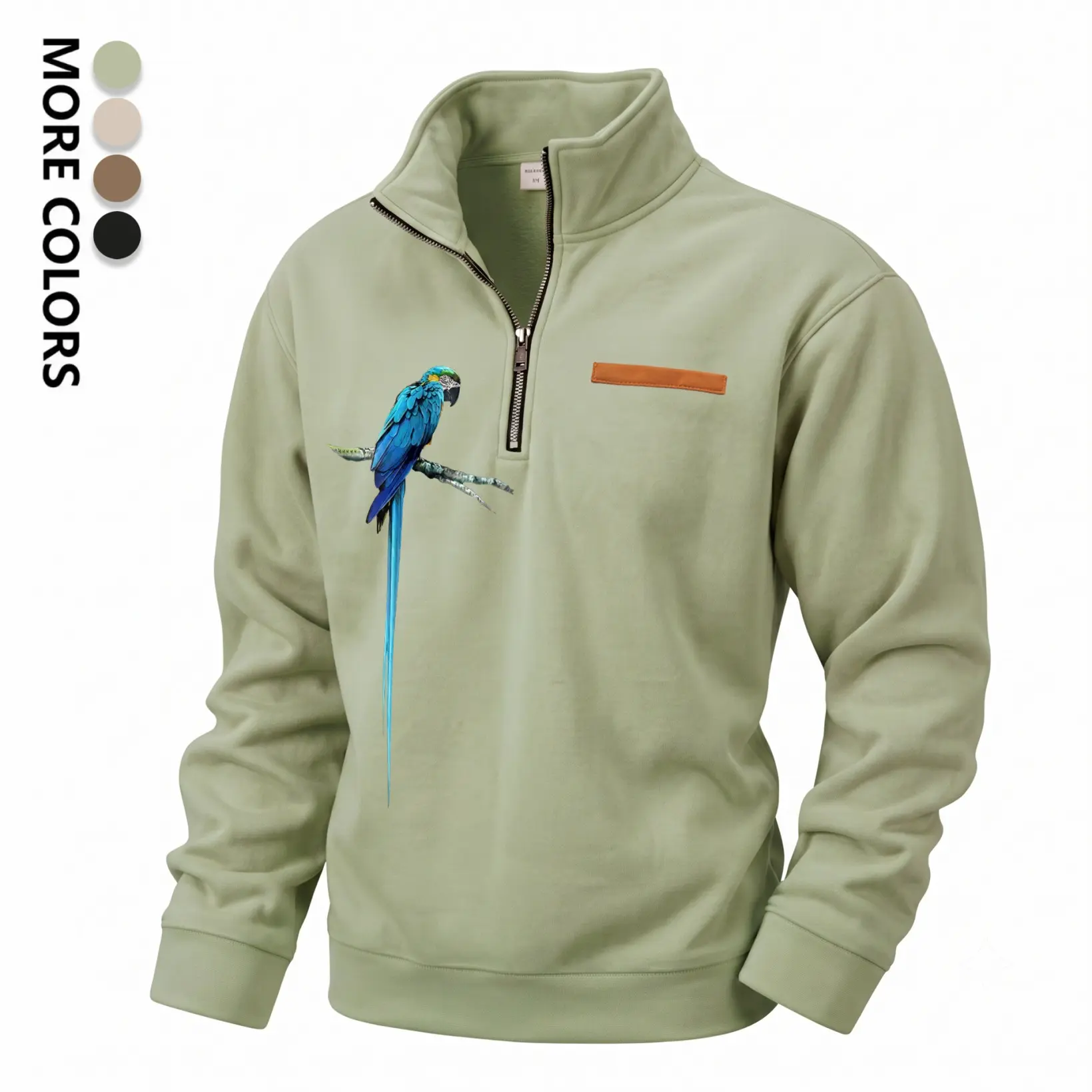 Men's Blue Parrot Graphic Quarter Zip Pullover Sweatshirt, Fleece Lined Stand Collar Long Sleeve Casual Tops, Warm Fall Winter Outdoor Sweatshirt for Daily Wear, Travel, Hiking and Streetwear