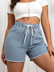 Plus Size Drawstring Denim Shorts Casual Fringed Hem High-Waisted Shorts, Soft Comfortable Fabric, Y2K Clothes Summer Daily Wear, Trendy Basic Bottoms, Comfortable Relaxed Fit Casual Ensembles, Stylish Solid Color Detail Party Casual Wear