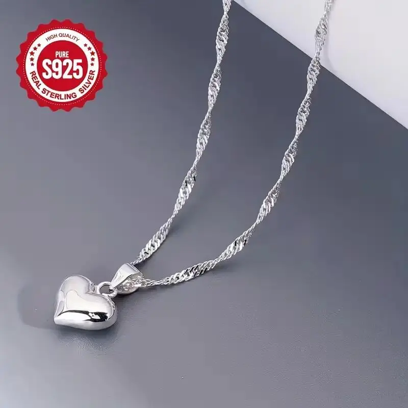 Women's S925 Sterling Silver Heart Pendant Necklace - Water Wave Chain Jewelry, Hypoallergenic Everyday Accessory for Casual Wear, Special Occasions, Heart Necklace