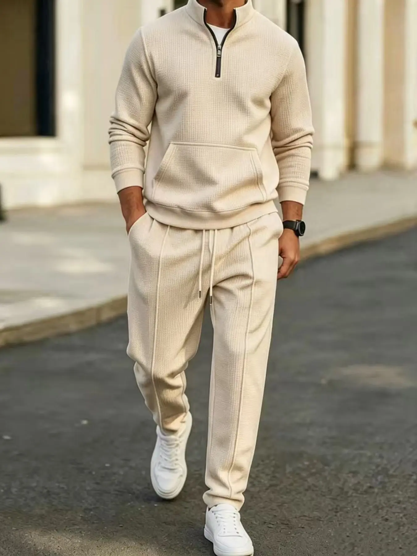 Men's Two-Piece Casual, Waffle Texture Quarter-Zip Stand Collar Sweatshirt, Elastic Waist Pants, Sports Running Set