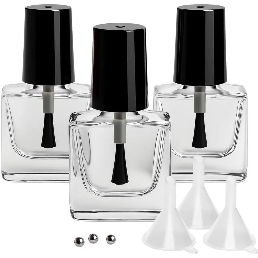 3 count 5ml Empty  Polish Bottles with Brush, Clear Glass  Polish Brush | Leakproof, w/ 3 Funnel & Mix Ball, Refillable Small Vials  Polishes Containers for DIY  Oil, Cuticle Oil, Gel