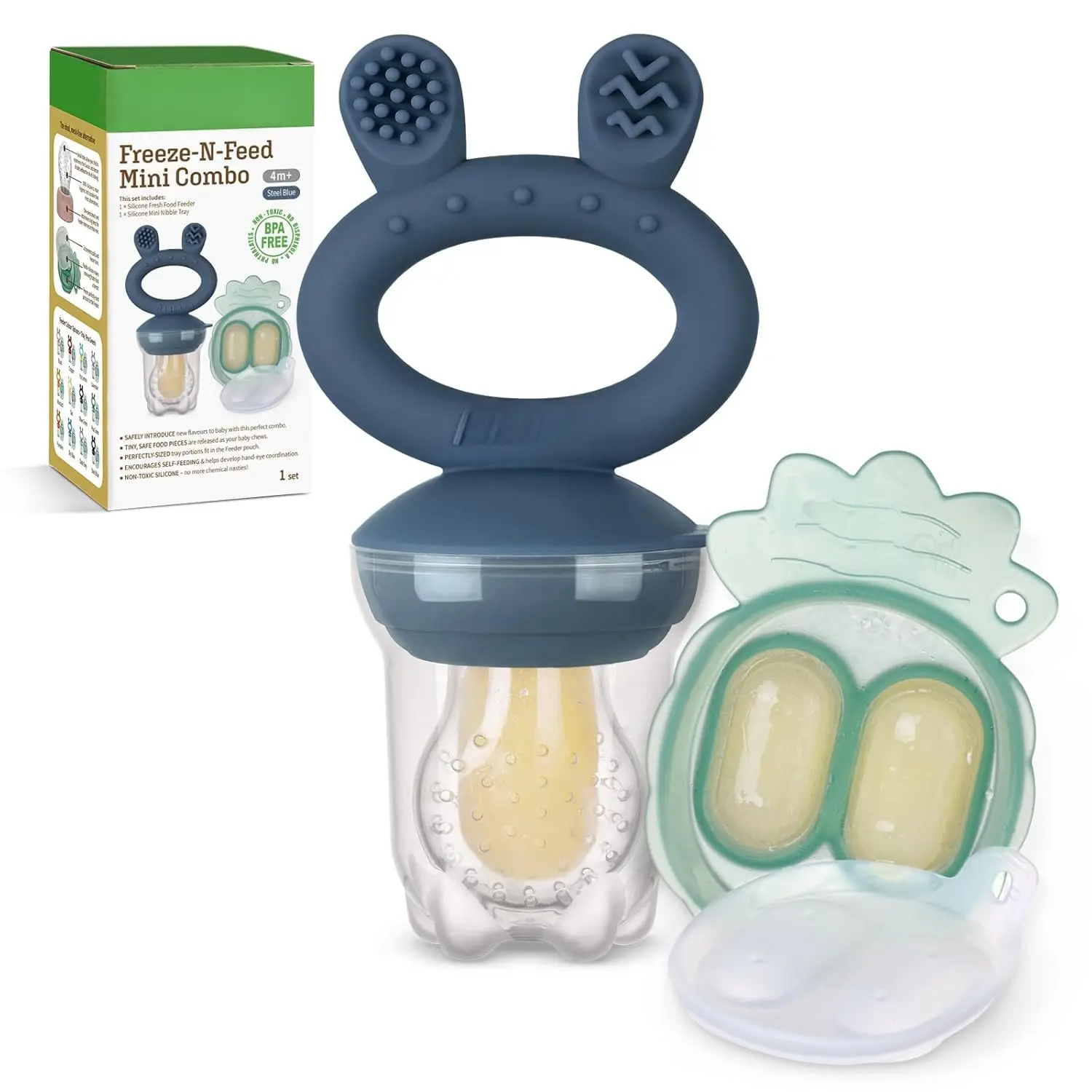 Fruit Food Feeder & Mini Freezer Nibble Tray Combo, Breastmilk Popsicle Molds   Cooling Relief, BPA Free Silicone Feeder  Safe Infant Self Feeding, 4 Month+ (Steel Blue) New model baby dinnerware utensil