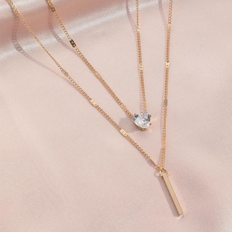 Gold Layered Heart CZ Pendant Necklace for Women, Dainty Double Chain Necklace