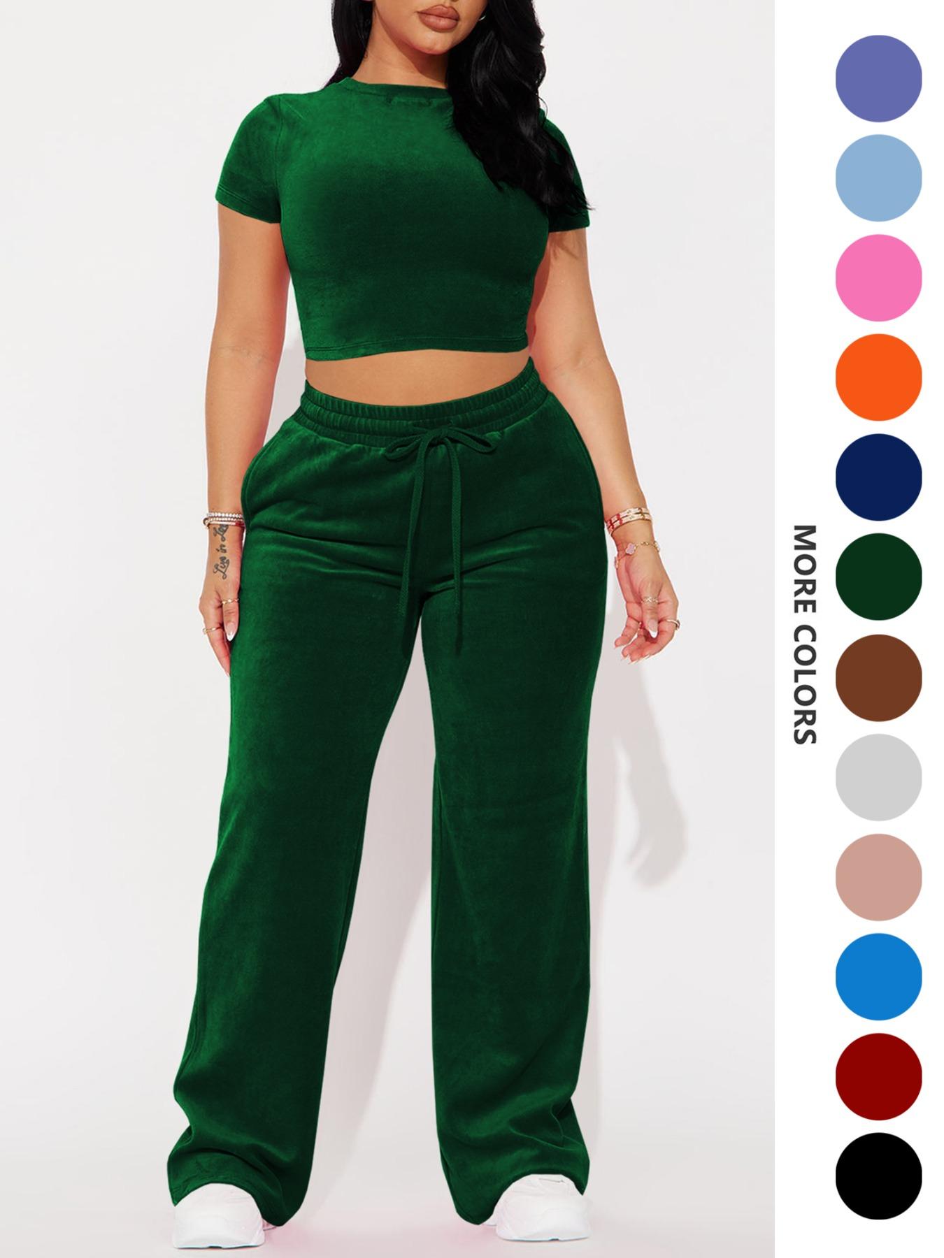 Two-piece Set Women's Solid Crop Tee & Drawstring Waist Pants Velvet Set, Casual Short Sleeve Round Neck T-shirt & Elastic Waist Trousers, Ladies Summer Clothes, Casual Matching Set