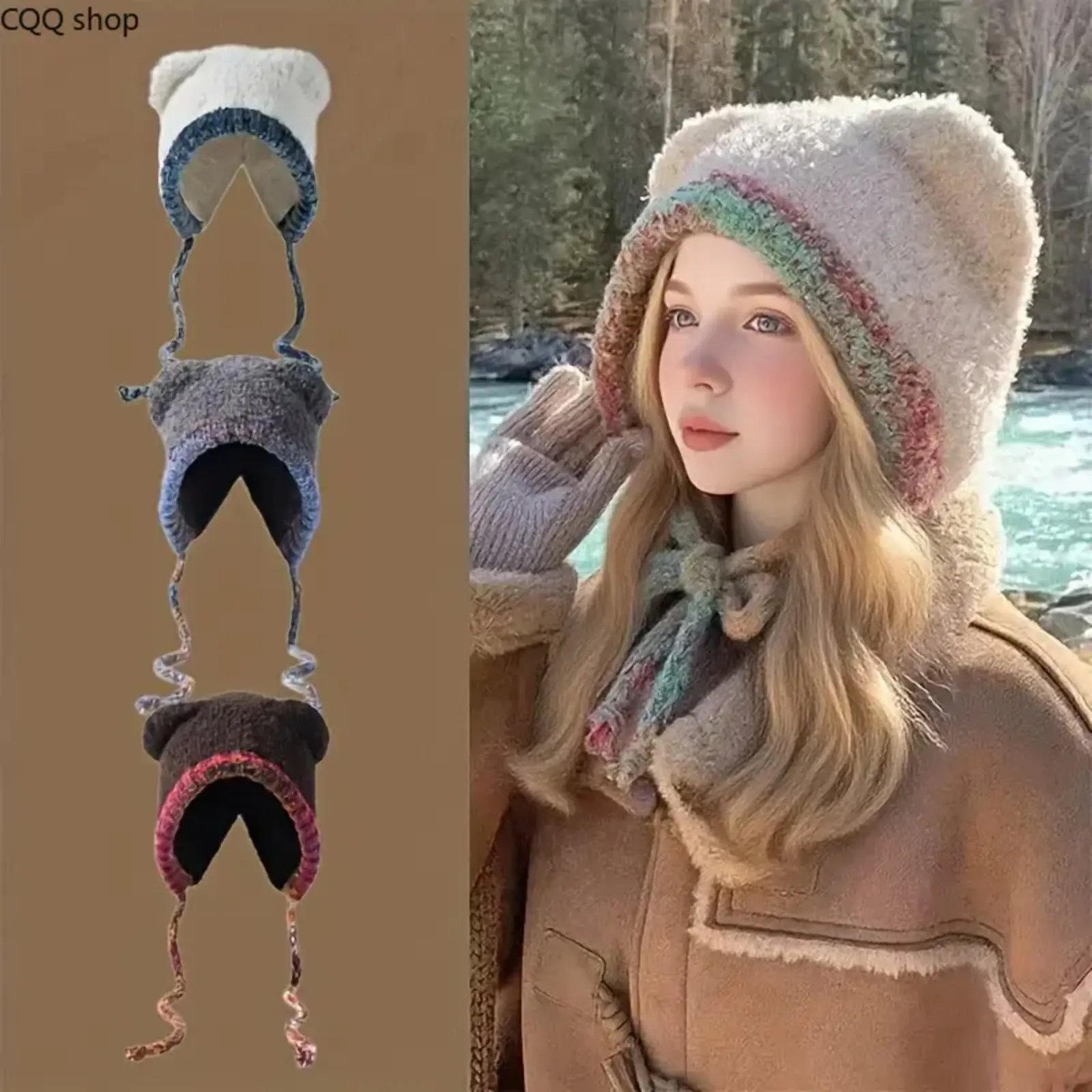 Cute teddy bear ear tie-up knitted beanie for women, warm and cozy for autumn and winter, suitable for shopping, parties, winter outings, and outdoor sports.