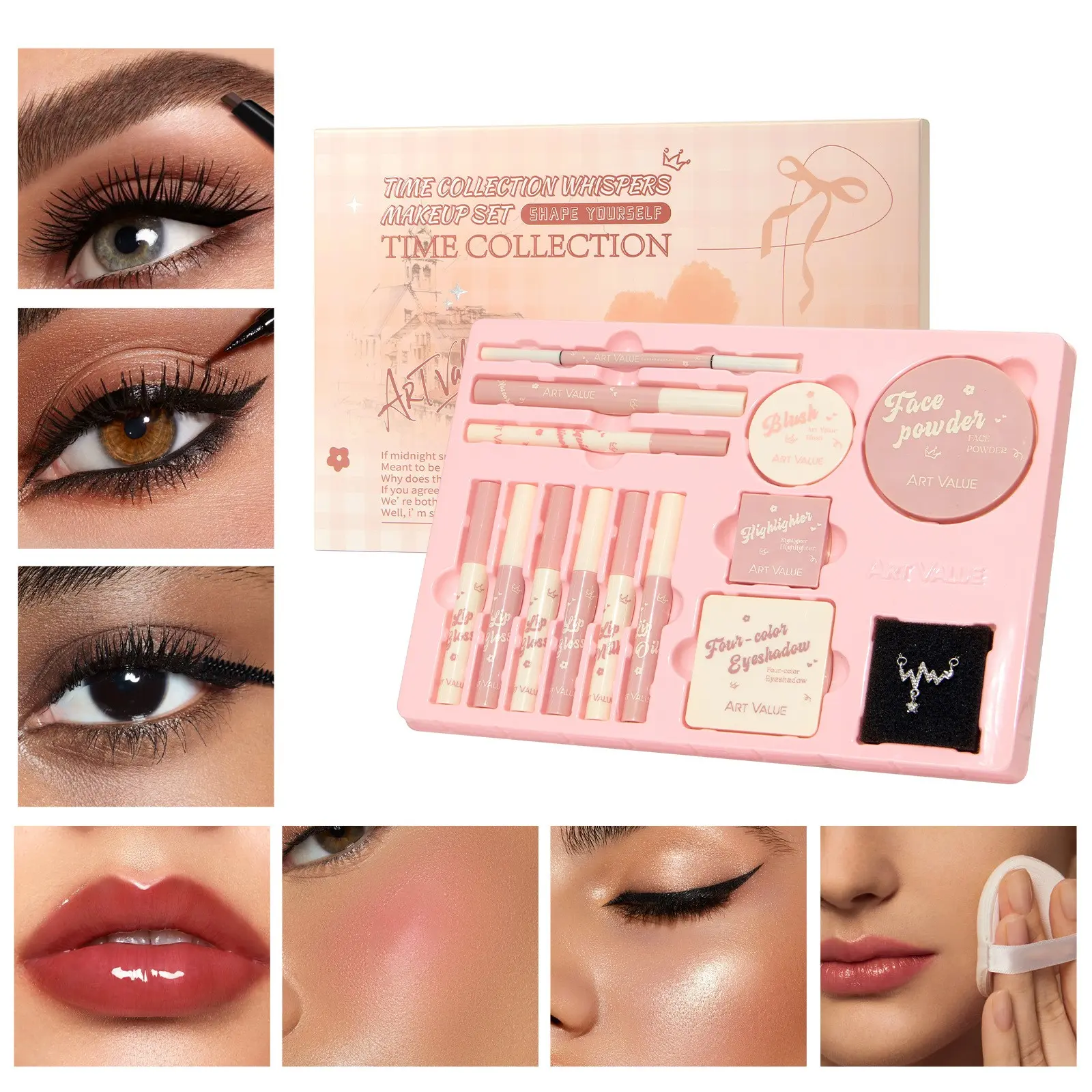 1set 13pcs all-in-one makeup gift set, soft pink Korean sweet style, full lip eye face cosmetics with necklace, smooth fine powder, soft color payoff, beginner-friendly sheer daily makeup for students, office workers and casual outings