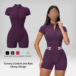 Women's Short-Sleeve Athletic Jumpsuit with a half-zip design and contouring details; a one-piece yoga jumpsuit that flattens the stomach and lifts the buttocks; a sexy jumpsuit perfect for dance and fitness workouts rompers women