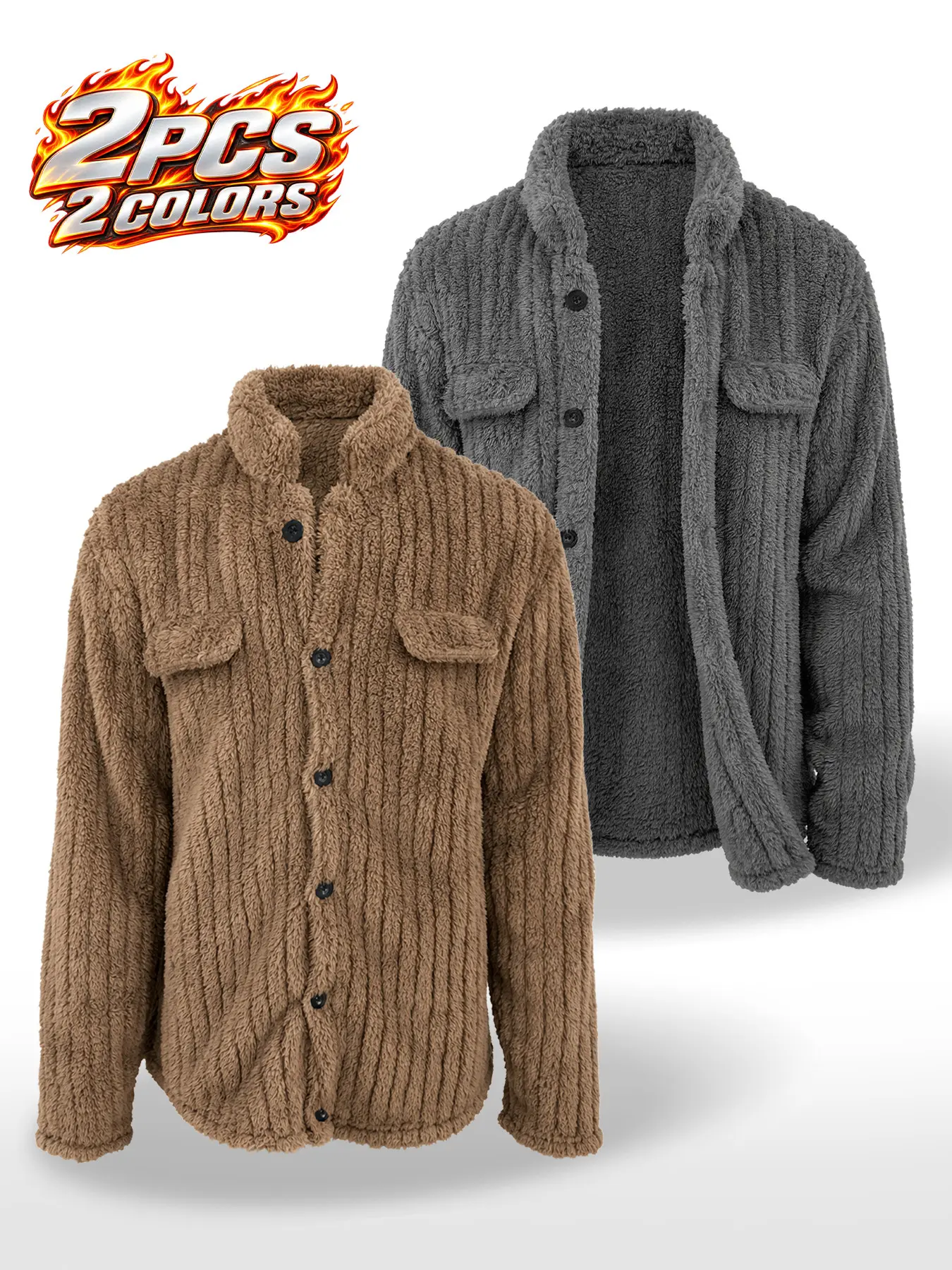 2pcs Men's Teddy Fleece Button-Up Shacket, Solid Color Long Sleeve Shirt Jacket with Decorative Dual Flap Chest Pockets, Casual Fall Winter Outerwear