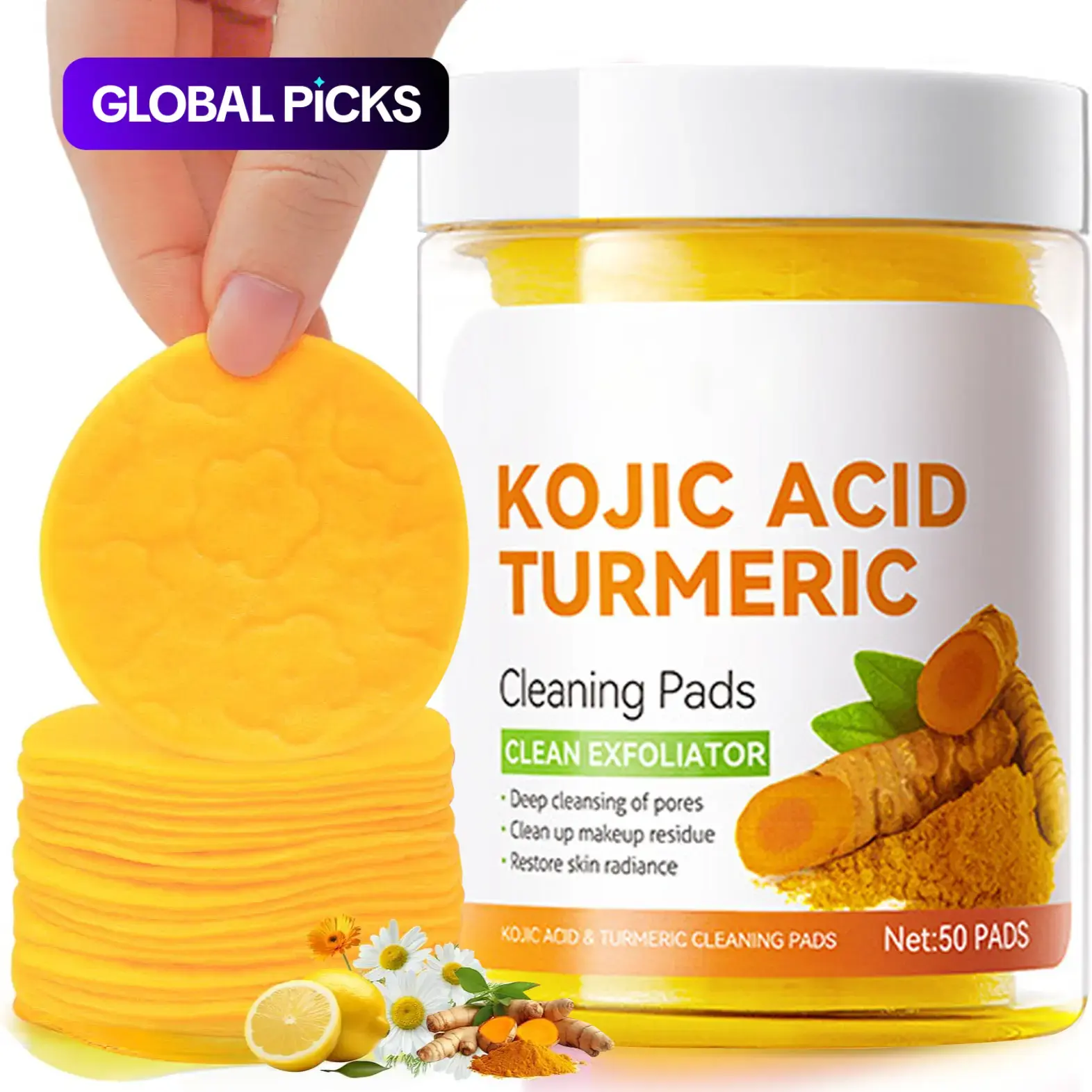 Kojic Acid Turmeric Cleansing Wipe Pads Gentle Exfoliate Dark Spot Remover for Acne and Dark Spots