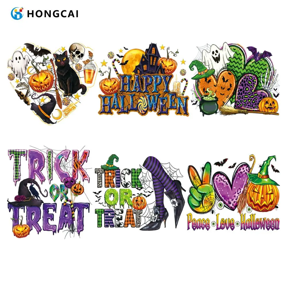 6 pieces Halloween cartoon fun graphics ironing sticker, playful ghost black cat pumpkin alphabet witch hat bat candy print, bright heat transfer sticker for holiday party t-shirts, user-friendly easy peeling, suitable for canvas tote bags