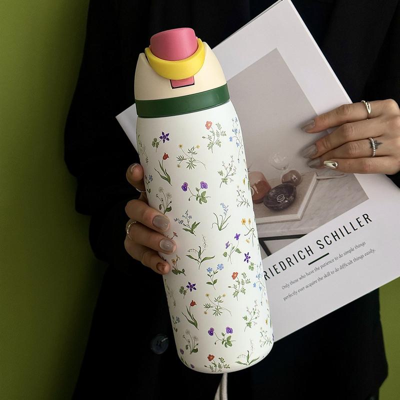 Floral Pattern Stainless Steel Vacuum Flask, 1 Count Portable Insulated Water Bottle with Straw, Leak Resistant Tumbler, Drinking Cup for Home Office School Outdoor Camping, Drinkware