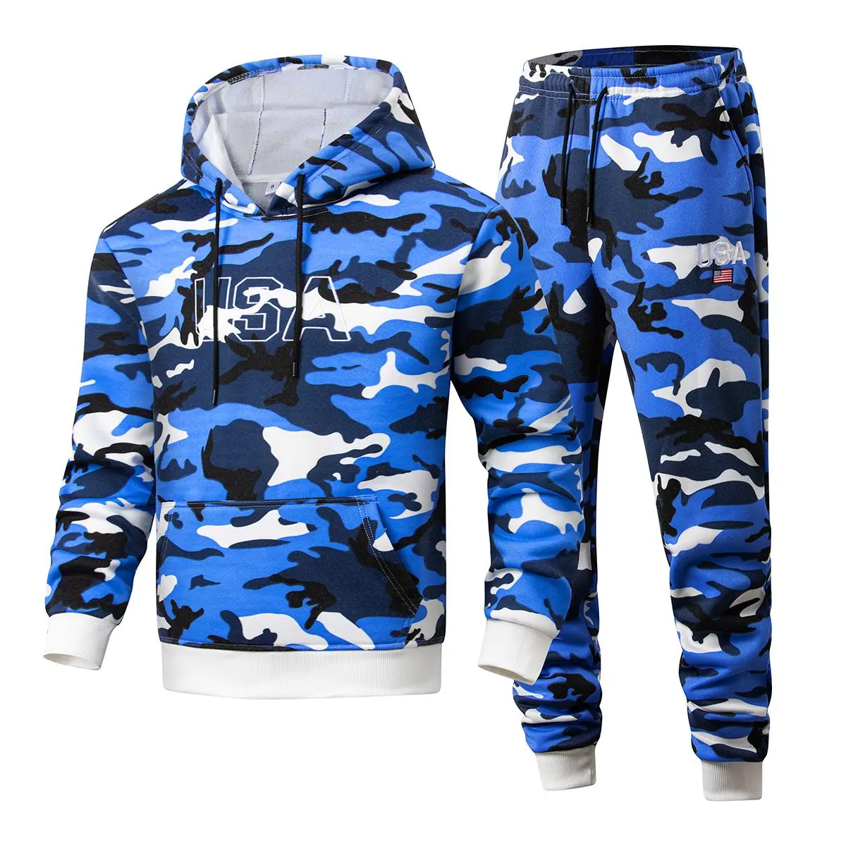 Men coordinated camouflage tracksuit hooded sweatshirt and jogger pants set front letter print adjustable drawstrings kangaroo pocket ribbed cuffs soft fleece casual outfit