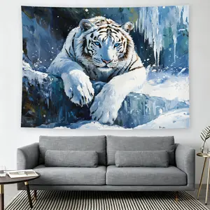 Snow white tiger oil painting wall flag, wildlife art printing, medieval modern black glitter comic style, living room and bedroom tapestries, suitable for adult enthusiasts, natural decoration,
