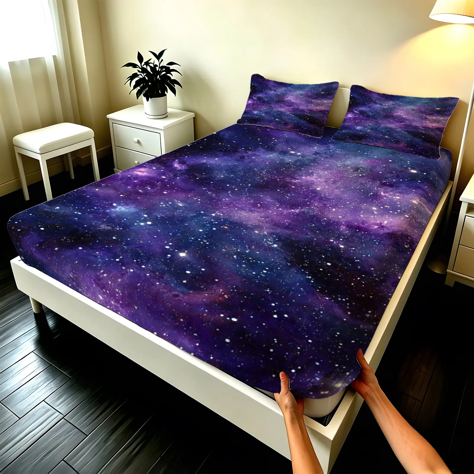 3pcs Fitted sheet Galaxy Starry Sky Pattern Soft Microfiber Bedding Set Breathable Sheets Set Wrinkle Resistant Fade Proof Breathable Machine Washable for Bedroom Hotel Home Fits Twin Full Queen King Size