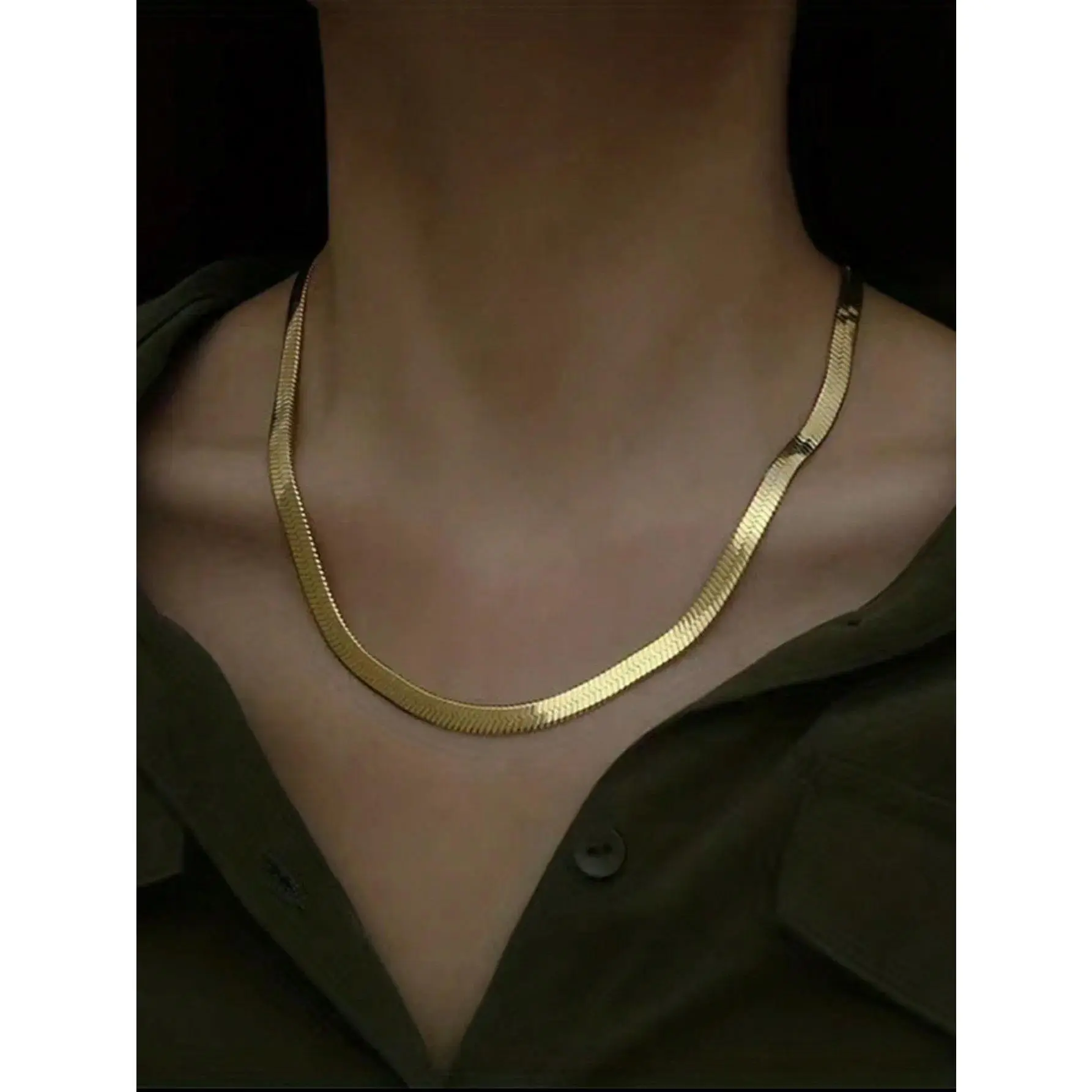 Unisex 3mm Gold-Plated Stainless Steel Herringbone Chain Necklace - Elegant Flat Snake Choker, Casual Daily Hip Hop Jewelry, Letter Pendant, Chain & Link Design, Metal Coated