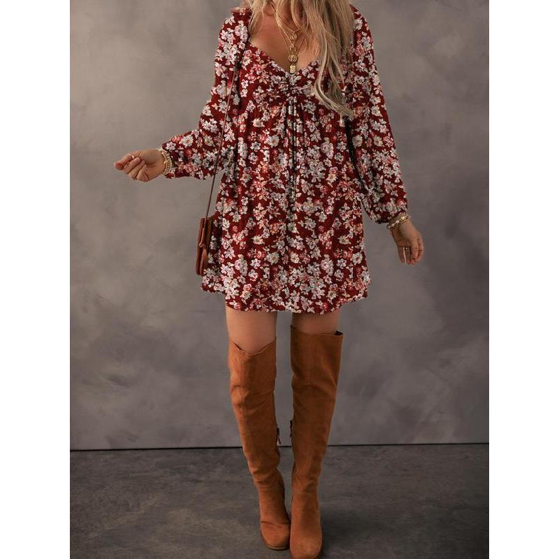 Women's Ditsy Floral Print Sweetheart Neck Shirred Back Dress, Bohemian Elegant Fashion Chic Bishop Sleeve Dress for Feminine Daily Holiday Vacation Wear, Ladies Dress for All Seasons, Casual Summer Boho Chic Womenswear, Casual Loose Dress