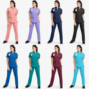 Women's Summer Short Sleeve Scrub Outfit Stand Collar Zip Design Medical Uniform Beauty Salon Hospital Cleaning Uniform
