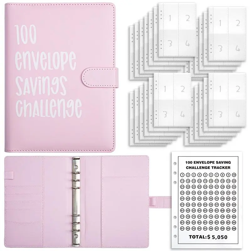 Dual-Color Pink-Black Savings Binder, Envelope Savings Book with 100 Waterproof Transparent Pre-Punched Cash Envelopes, Waterproof Savings Tracker Organizer for Adult Long-Term Reusable Use, Budget Financial Planner